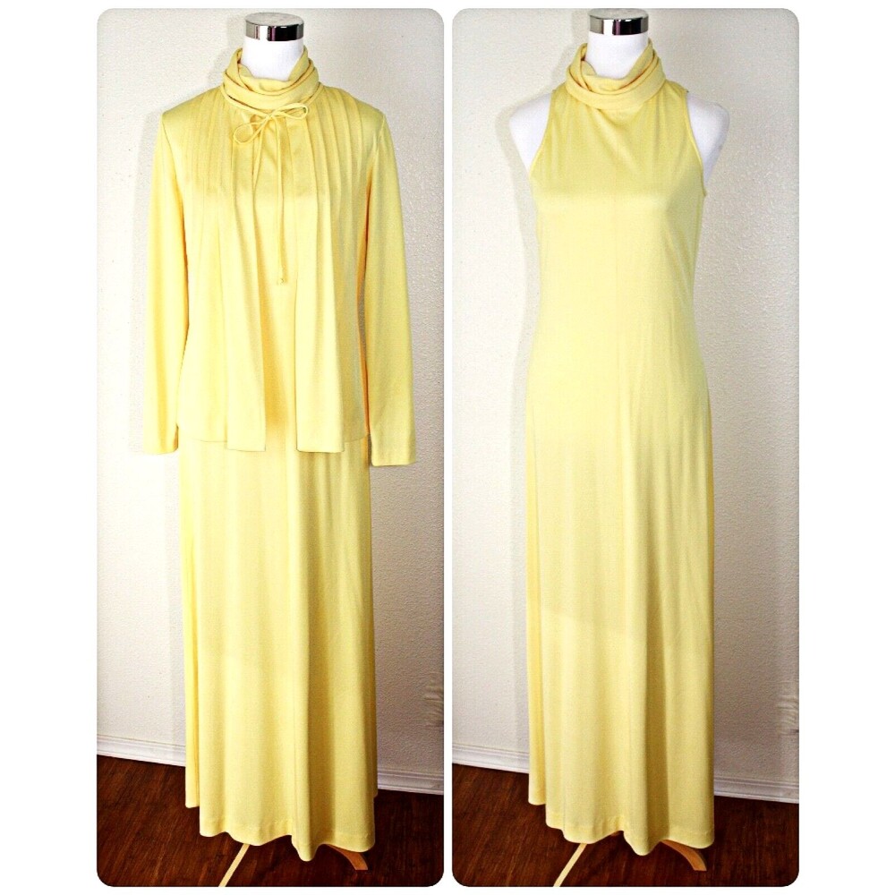 VTG 70's Hippie BOHO Set Sz. 12 Maxi Sleeveless Dress / LS Cover Top Yellow **